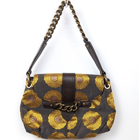 J. Crew Silk Purse Chain Strap Flap Bag Floral Medallion Faux Leather Trim Gold - Picture 1 of 14